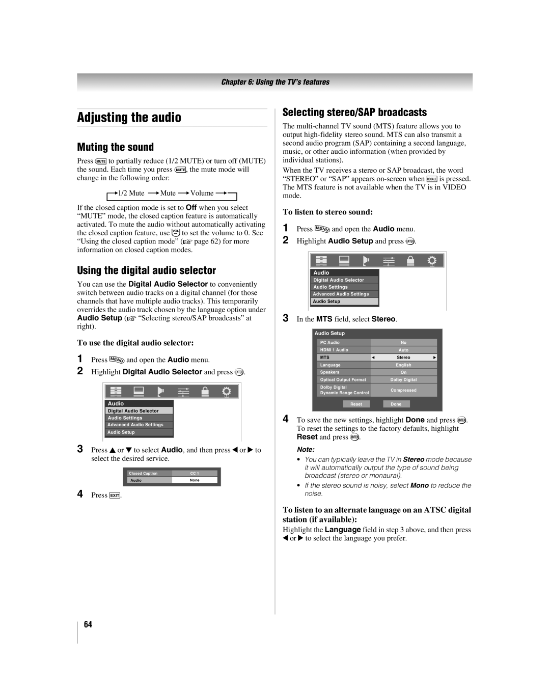 Toshiba 42LX177 Adjusting the audio, Muting the sound, Using the digital audio selector, Selecting stereo/SAP broadcasts 