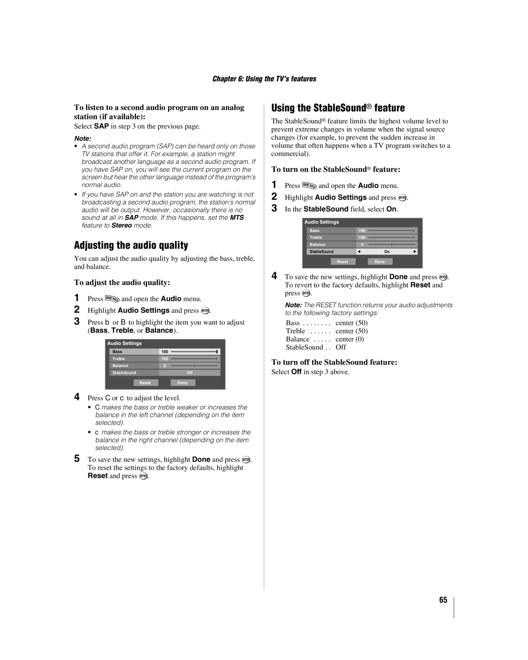 Toshiba 42LX177 manual Adjusting the audio quality, Using the StableSound feature, To adjust the audio quality 