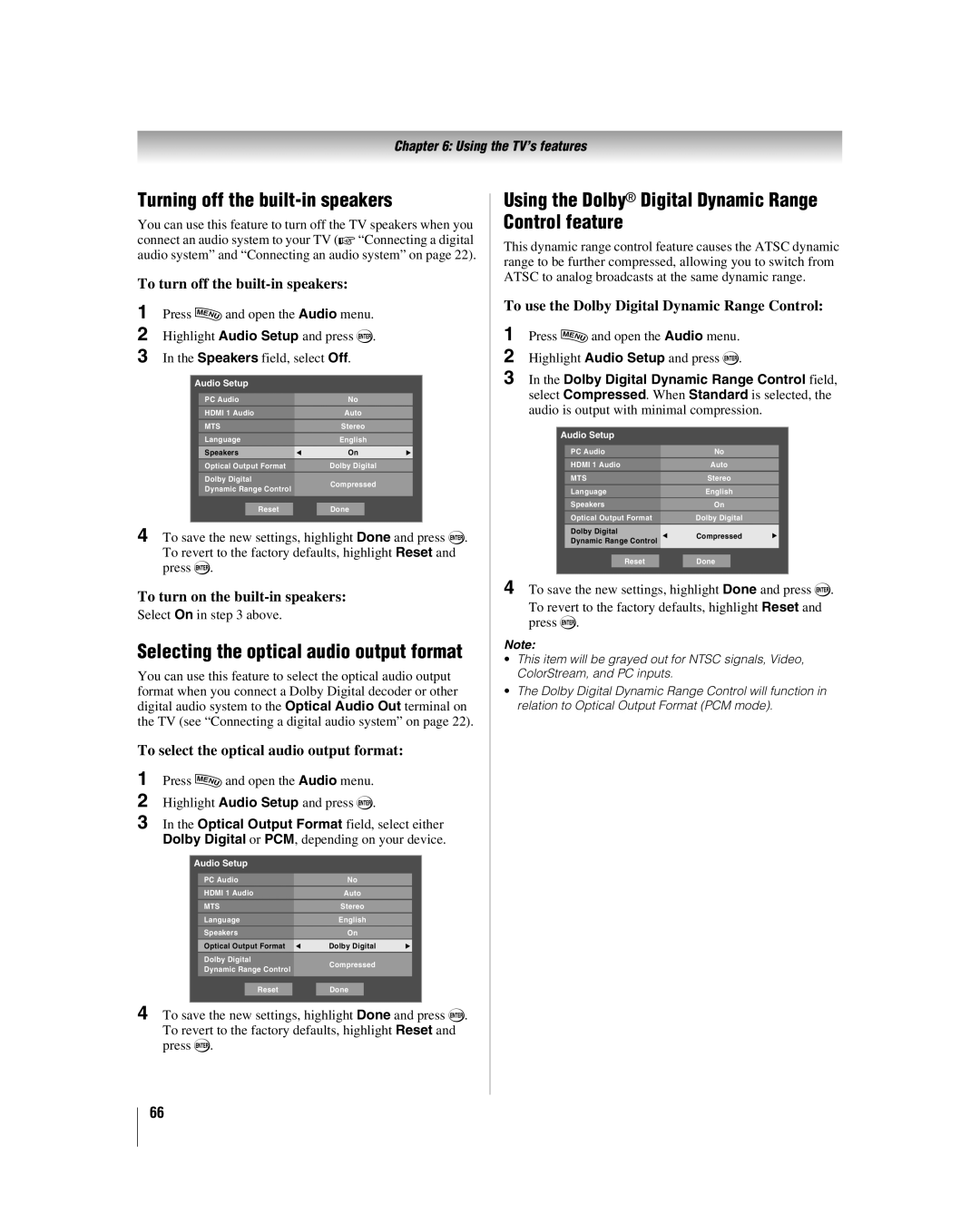 Toshiba 42LX177 manual Turning off the built-in speakers, Using the Dolby Digital Dynamic Range Control feature 