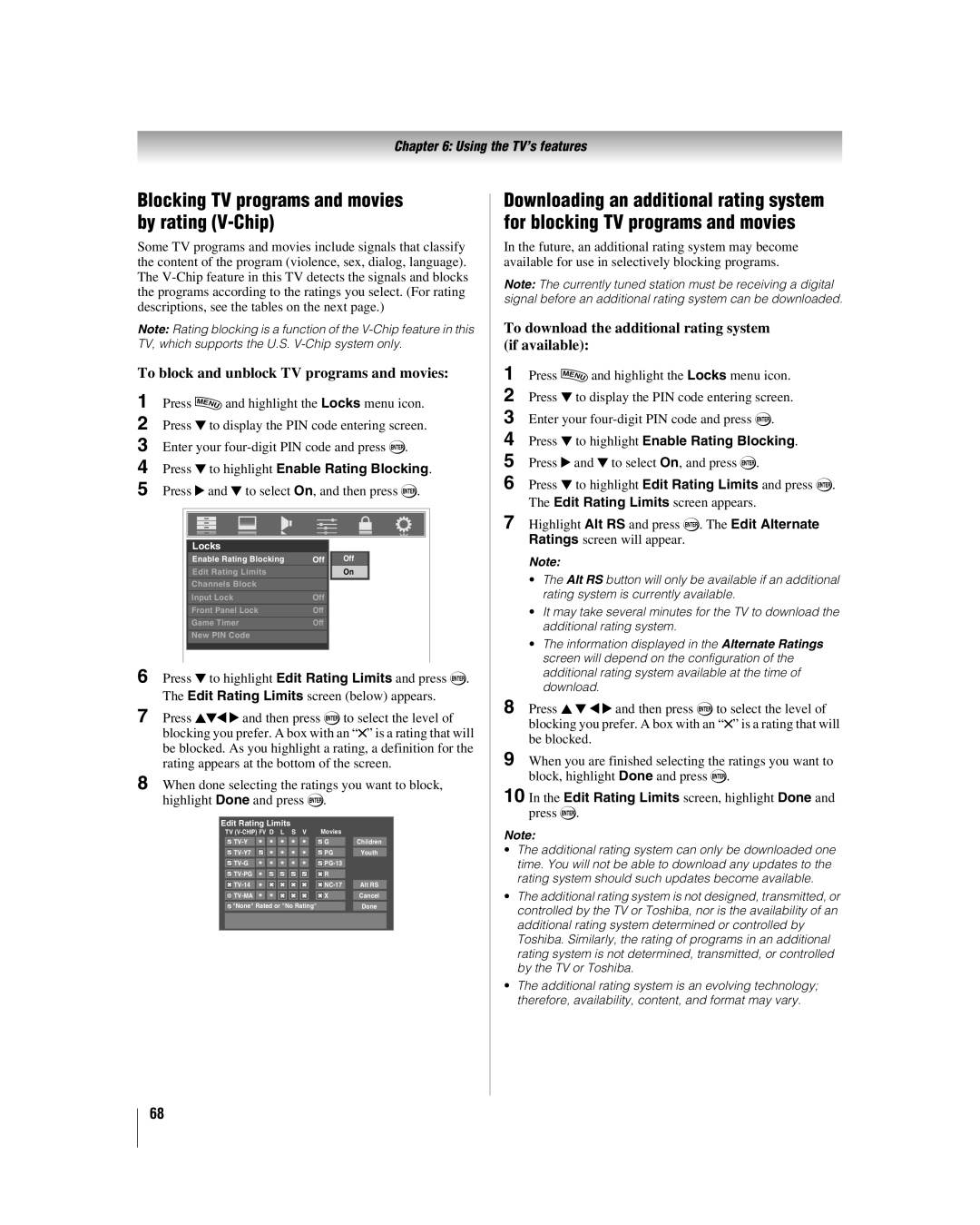 Toshiba 42LX177 manual Blocking TV programs and movies by rating V-Chip, To block and unblock TV programs and movies 