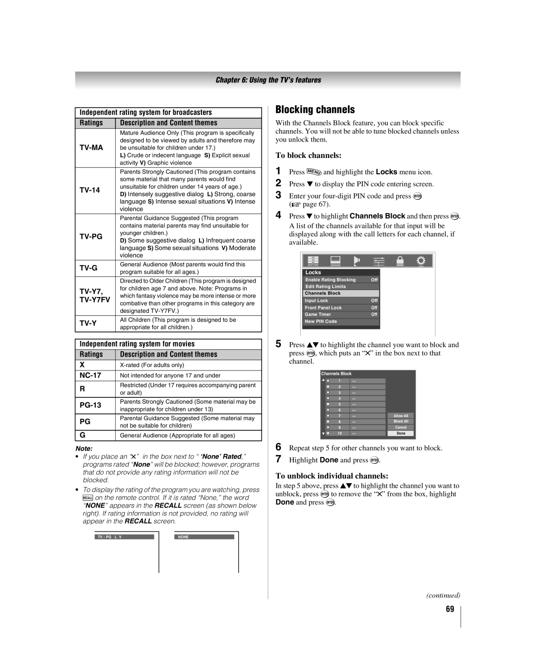 Toshiba 42LX177 manual Blocking channels, To block channels, To unblock individual channels 