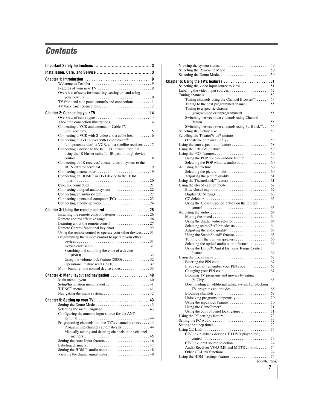 Toshiba 42LX177 manual Contents 