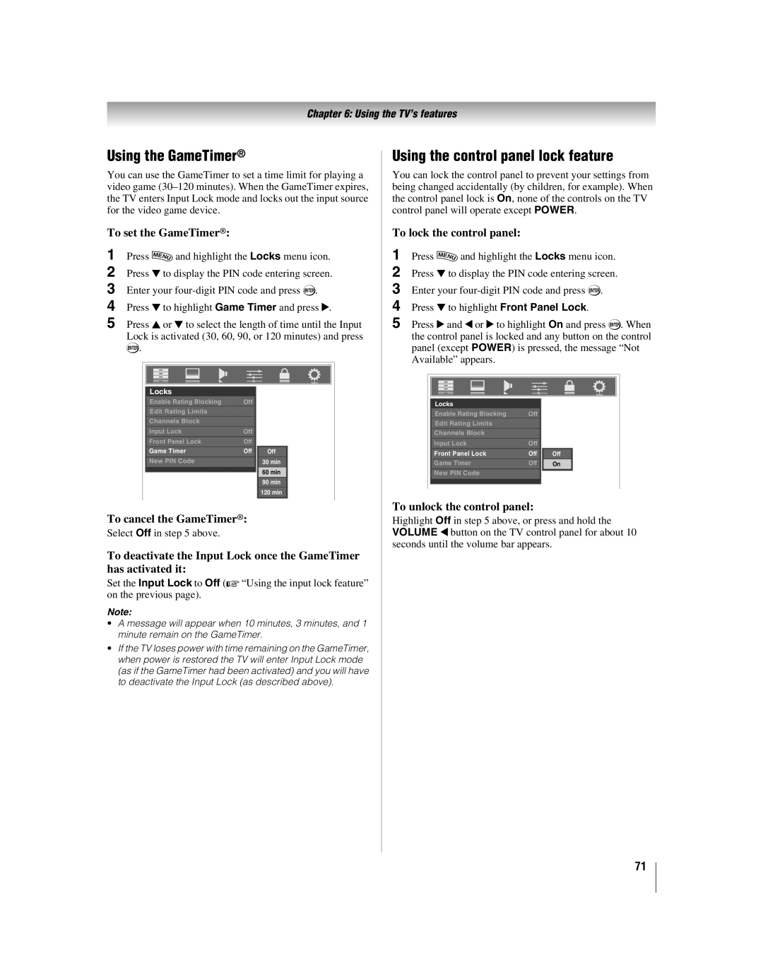 Toshiba 42LX177 manual Using the GameTimer, To set the GameTimer To lock the control panel 