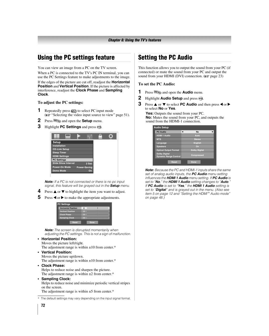 Toshiba 42LX177 manual Using the PC settings feature, Setting the PC Audio, To adjust the PC settings, To set the PC Audio 