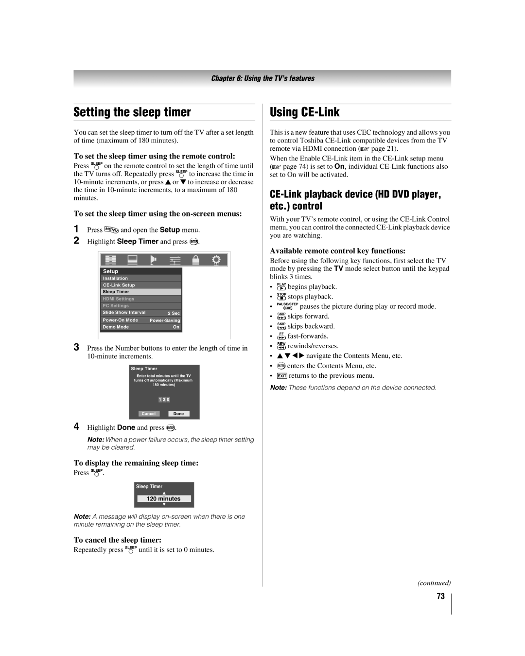 Toshiba 42LX177 manual Setting the sleep timer, Using CE-Link, CE-Link playback device HD DVD player, etc. control 