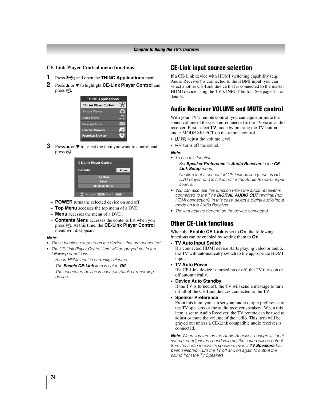 Toshiba 42LX177 manual CE-Link input source selection, Other CE-Link functions, CE-Link Player Control menu functions 