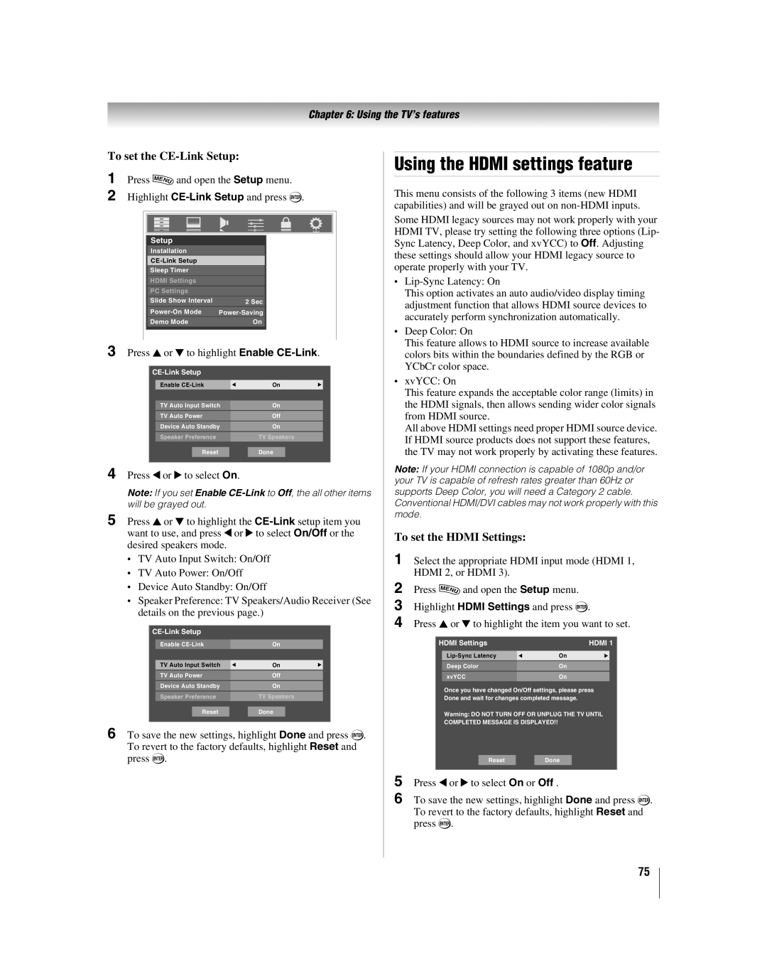 Toshiba 42LX177 manual Using the Hdmi settings feature, To set the CE-Link Setup, To set the Hdmi Settings 