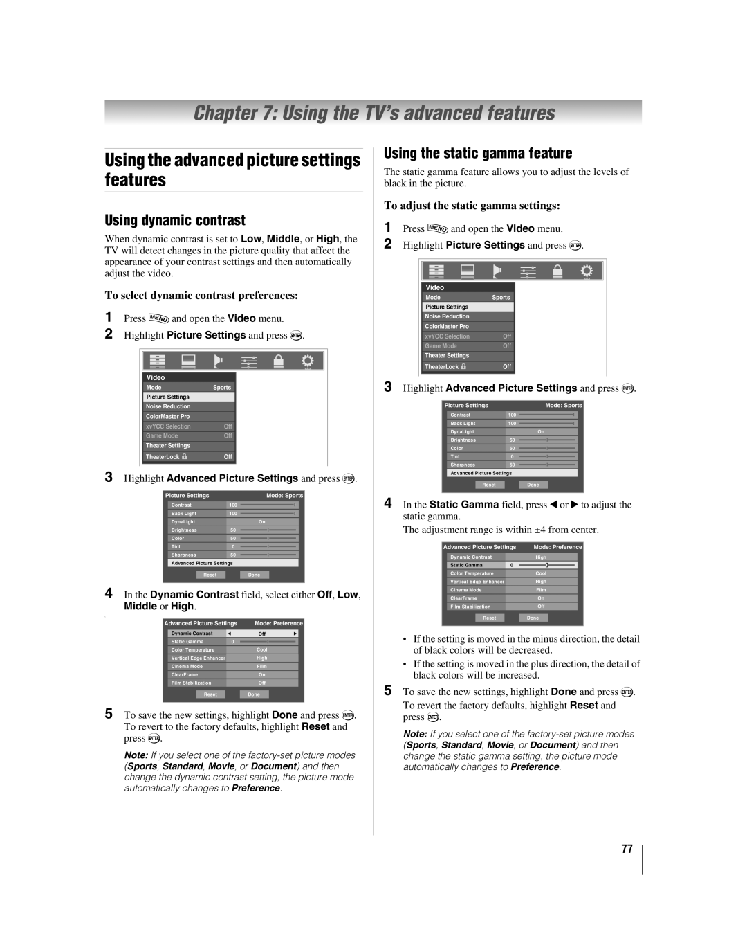 Toshiba 42LX177 Using the TV’s advanced features, Using the advanced picture settings features, Using dynamic contrast 