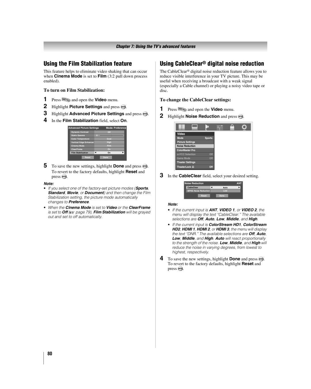 Toshiba 42LX177 manual Using the Film Stabilization feature, Using CableClear digital noise reduction 