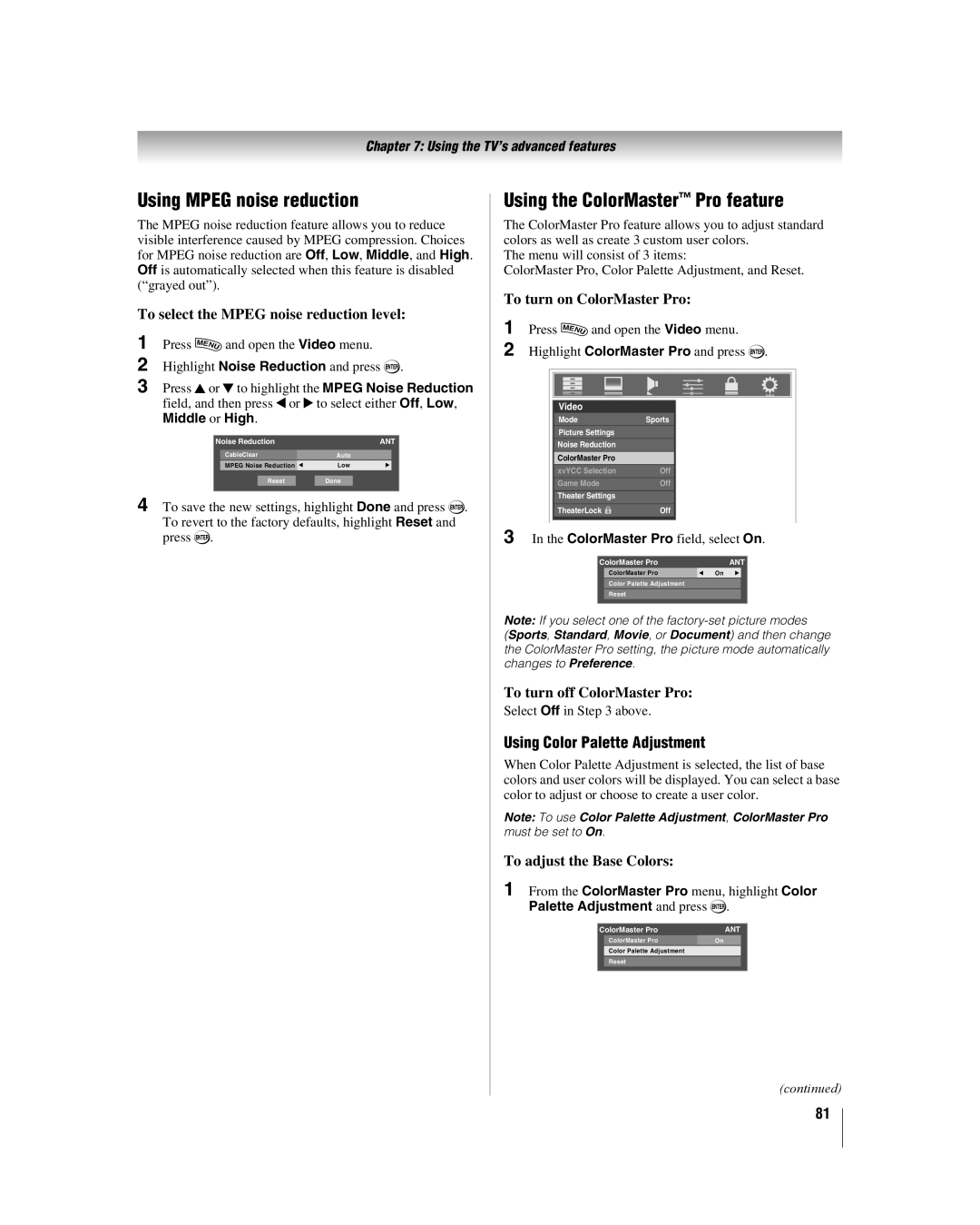 Toshiba 42LX177 manual Using Mpeg noise reduction, Using the ColorMaster Pro feature, Using Color Palette Adjustment 