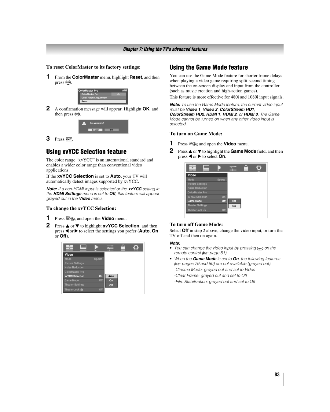 Toshiba 42LX177 manual Using xvYCC Selection feature, Using the Game Mode feature 