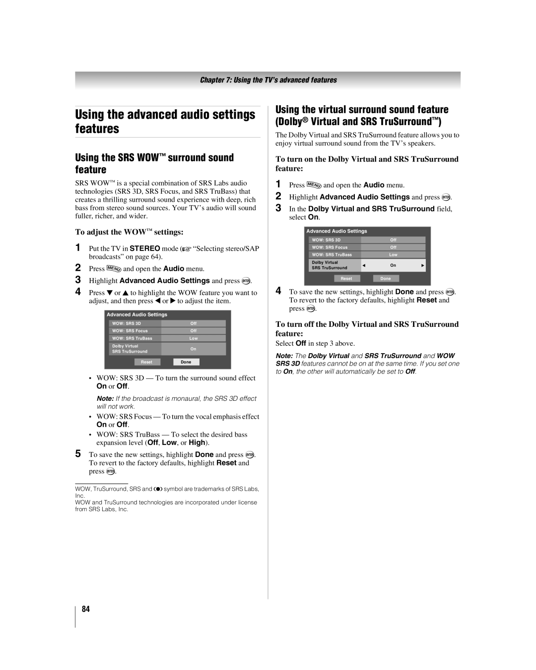 Toshiba 42LX177 manual Using the advanced audio settings features, Using the SRS WOW surround sound feature 