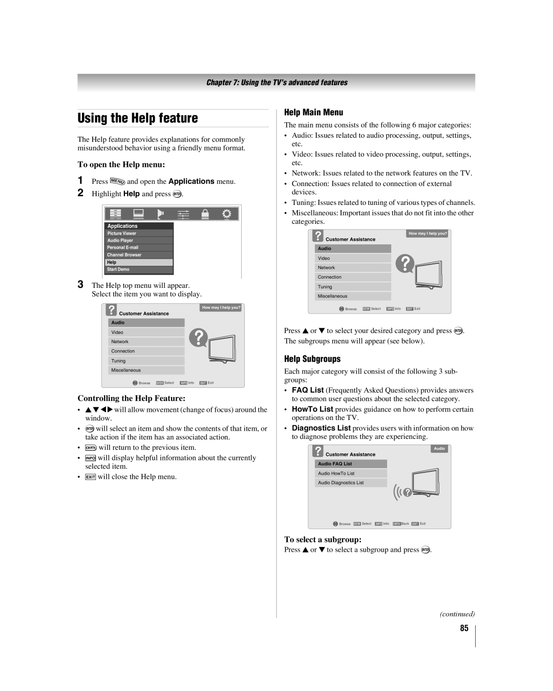 Toshiba 42LX177 manual Using the Help feature, Help Main Menu, Help Subgroups 