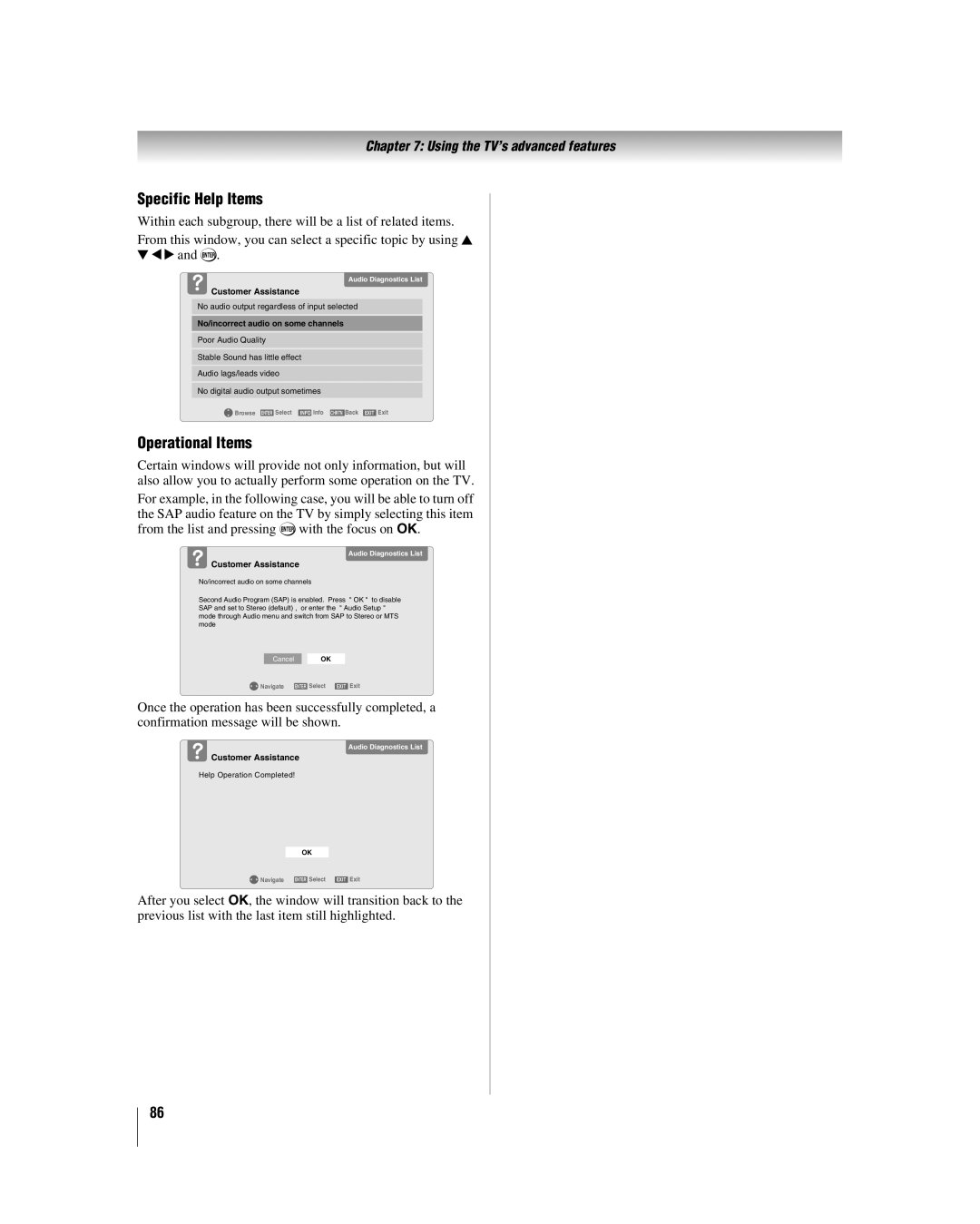 Toshiba 42LX177 manual Specific Help Items, Operational Items 