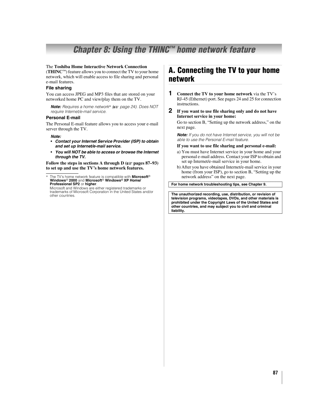 Toshiba 42LX177 manual Using the Thinc home network feature, Connecting the TV to your home network, File sharing 