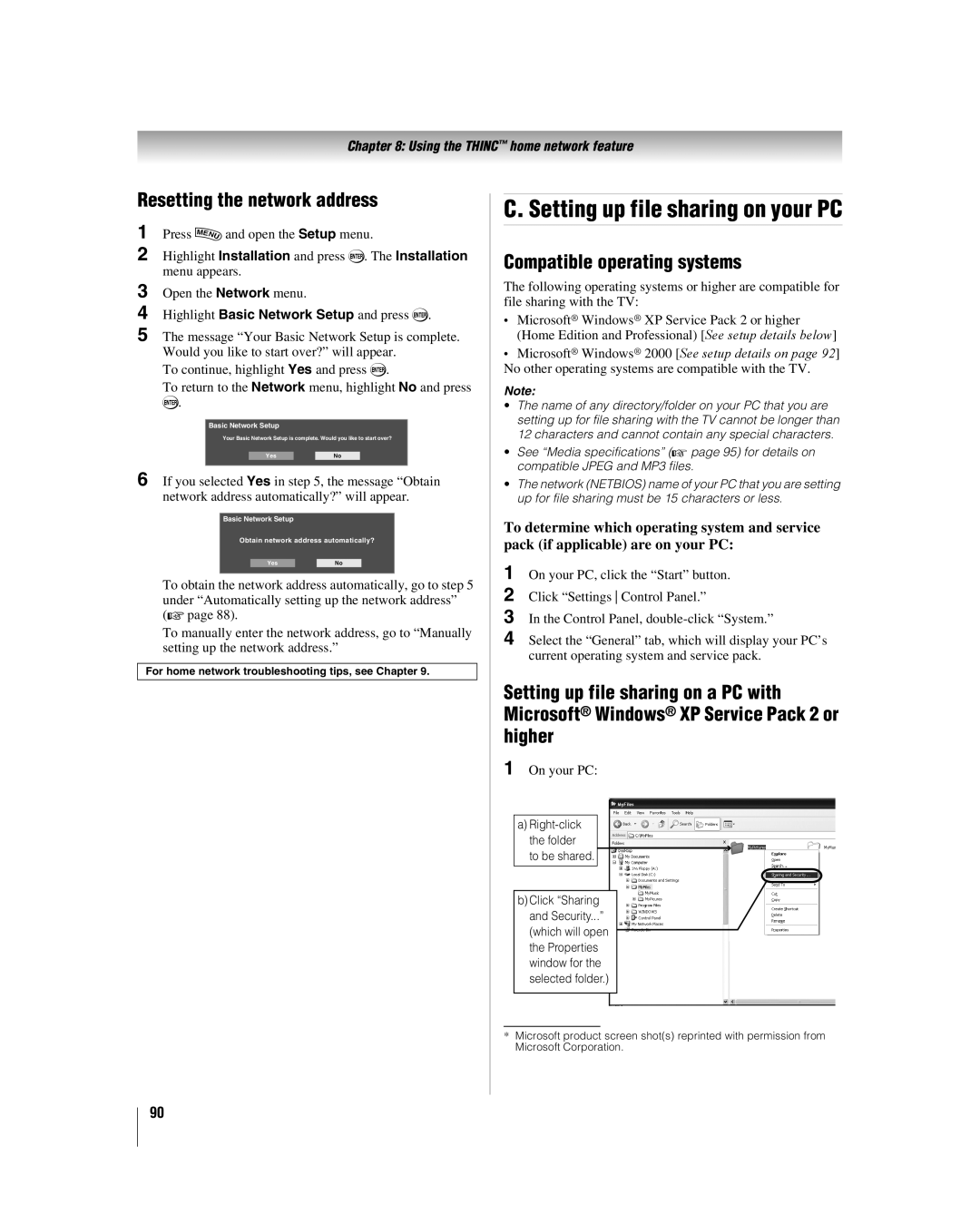 Toshiba 42LX177 manual Resetting the network address, Compatible operating systems, On your PC 