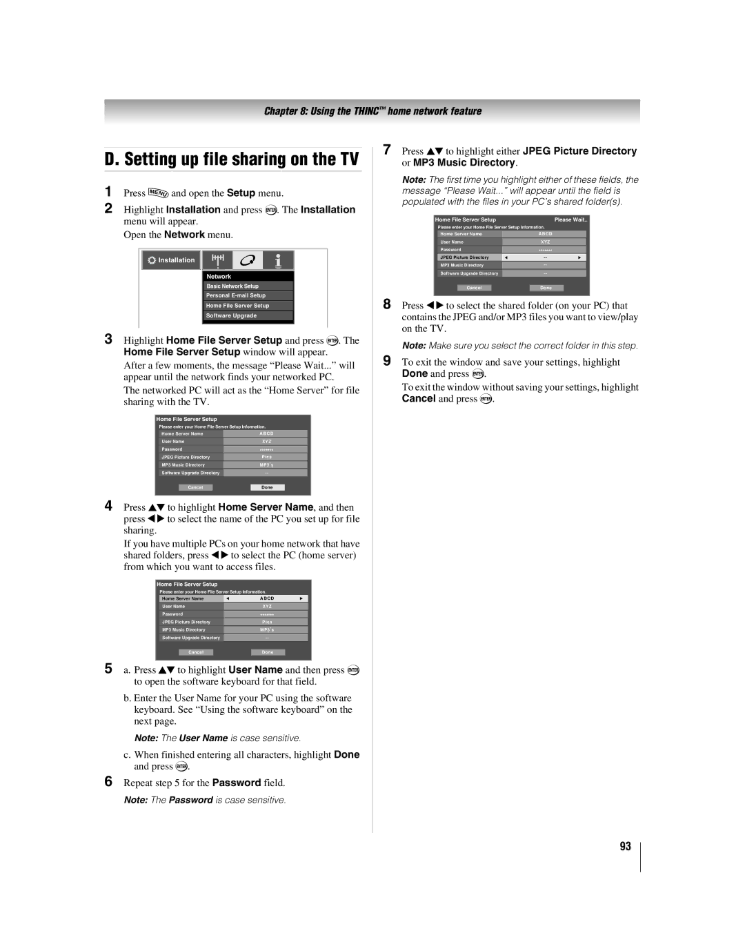 Toshiba 42LX177 manual Setting up file sharing on the TV, Or MP3 Music Directory 