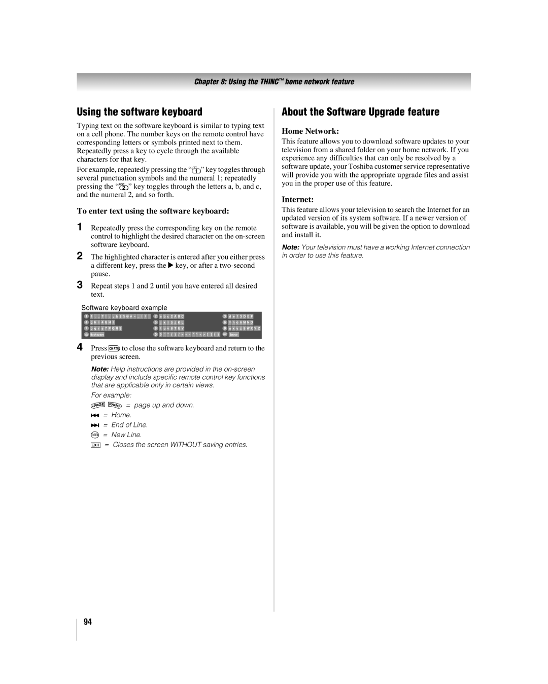 Toshiba 42LX177 Using the software keyboard, About the Software Upgrade feature, To enter text using the software keyboard 