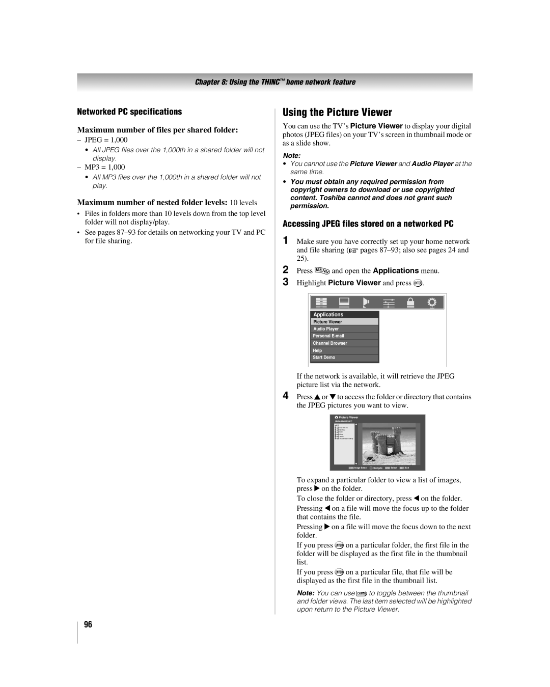 Toshiba 42LX177 manual Using the Picture Viewer, Networked PC specifications, Maximum number of files per shared folder 