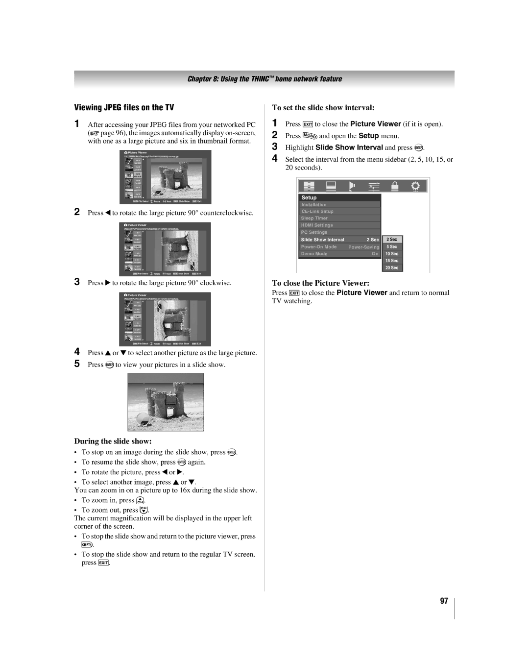 Toshiba 42LX177 manual Viewing Jpeg files on the TV, During the slide show, To set the slide show interval 