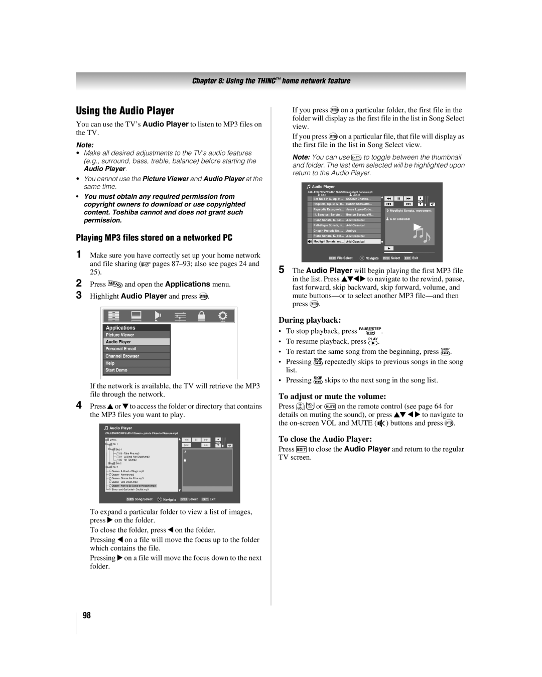 Toshiba 42LX177 manual Using the Audio Player, Playing MP3 files stored on a networked PC, During playback 