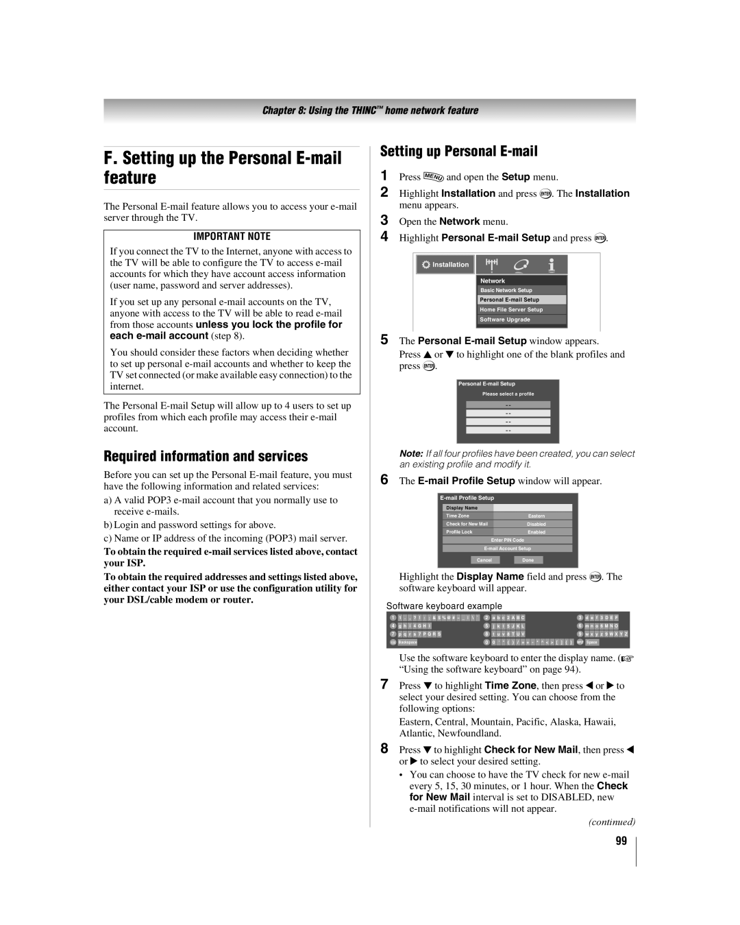 Toshiba 42LX177 Setting up the Personal E-mail feature, Required information and services, Setting up Personal E-mail 