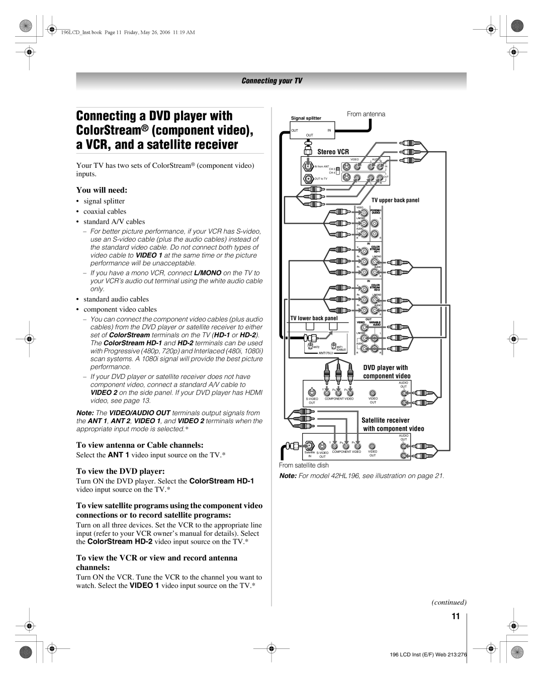 Toshiba 47LX196 To view antenna or Cable channels, To view the DVD player, Standard audio cables Component video cables 