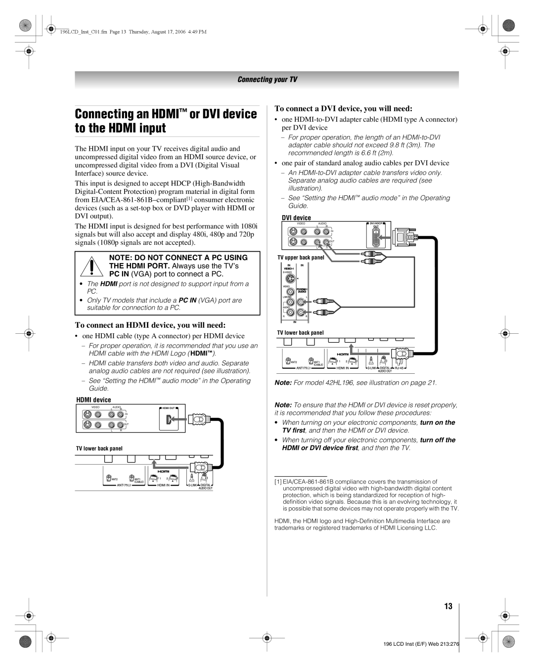 Toshiba 42HL196, 42LX196 manual Connecting an Hdmi or DVI device to the Hdmi input, To connect an Hdmi device, you will need 