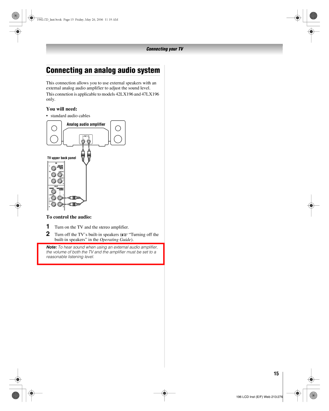 Toshiba 42LX196, 42HL196, 47LX196 manual Connecting an analog audio system, Analog audio amplifier 