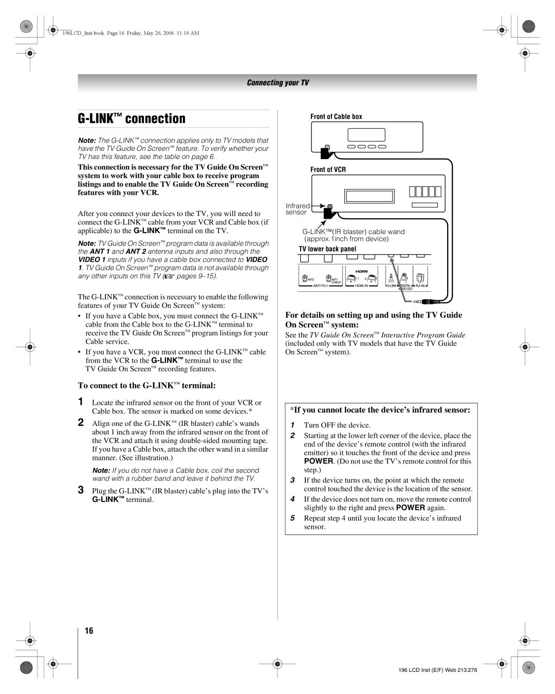 Toshiba 42HL196 manual LINKconnection, To connect to the G-LINKterminal, If you cannot locate the device’s infrared sensor 