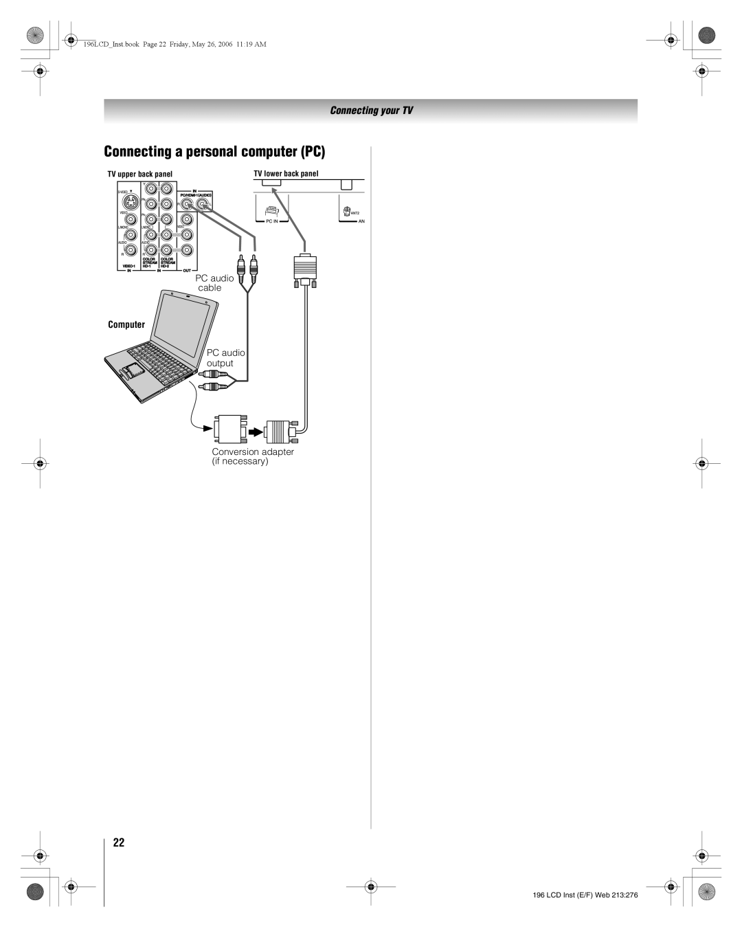 Toshiba 42HL196, 42LX196, 47LX196 manual Connecting a personal computer PC, Computer 