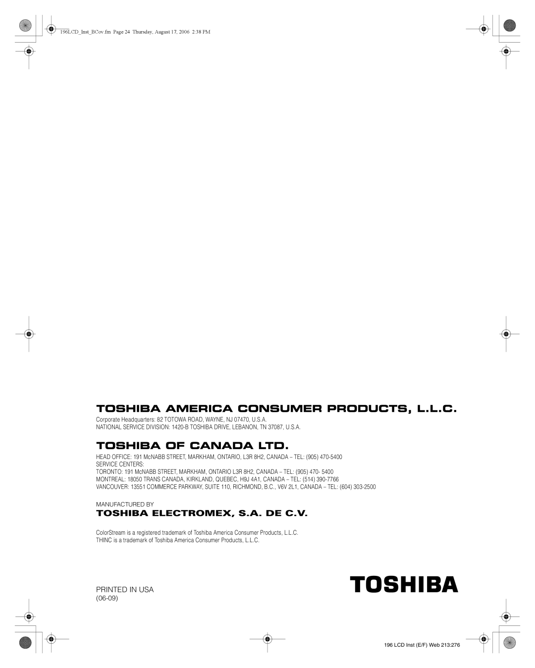 Toshiba 42LX196, 42HL196, 47LX196 manual 06-09 