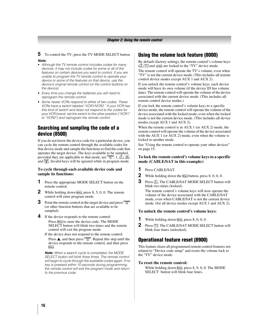 Toshiba 42LX196 Searching and sampling the code of a device, Using the volume lock feature, Operational feature reset 