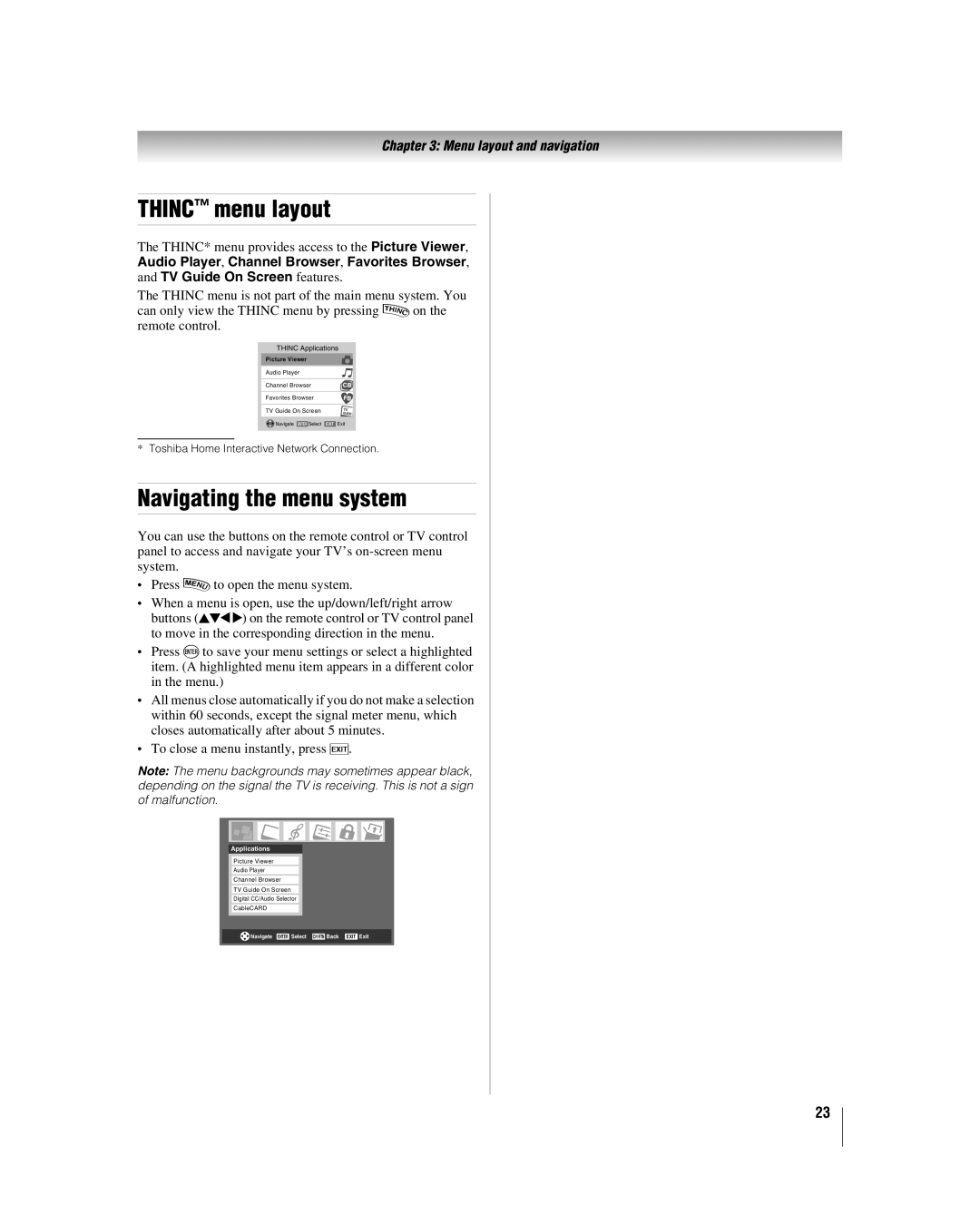 Toshiba 42LX196 manual Thinc menu layout, Navigating the menu system 