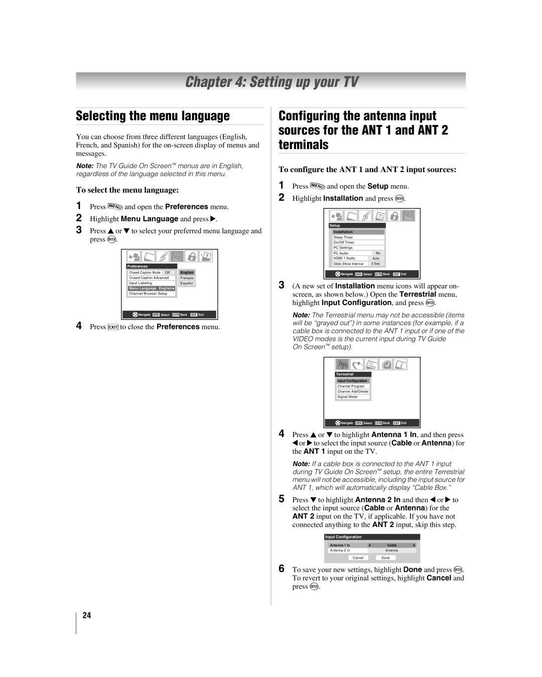 Toshiba 42LX196 manual Setting up your TV, Selecting the menu language, To select the menu language 