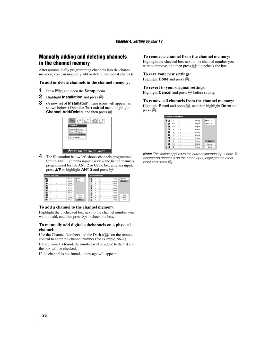 Toshiba 42LX196 manual Manually adding and deleting channels in the channel memory 