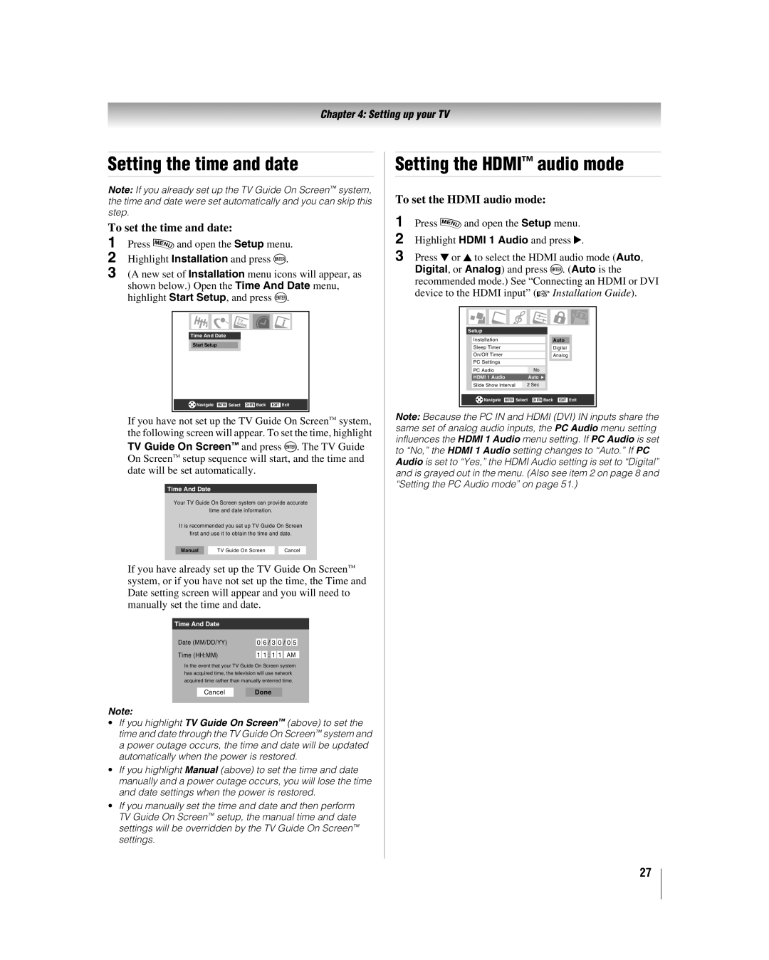 Toshiba 42LX196 manual Setting the time and date, Setting the Hdmi audio mode, To set the time and date 