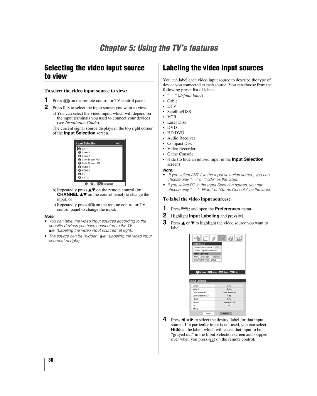 Toshiba 42LX196 manual Using the TV’s features, Labeling the video input sources, To label the video input sources 