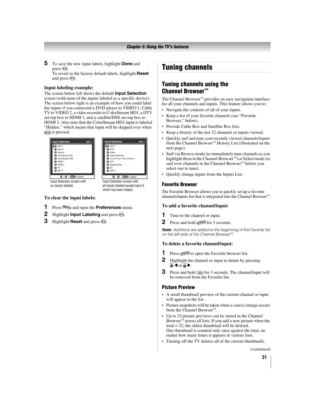 Toshiba 42LX196 manual Tuning channels using Channel Browser, Favorite Browser, Picture Preview 