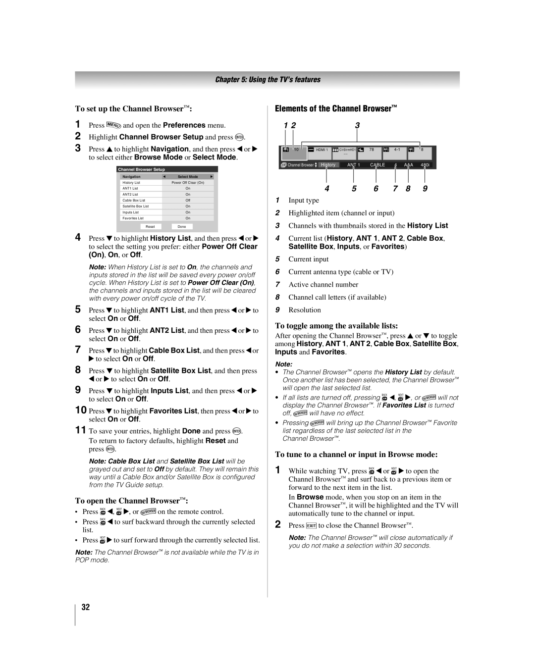 Toshiba 42LX196 manual To set up the Channel Browser, To open the Channel Browser, Elements of the Channel Browser 