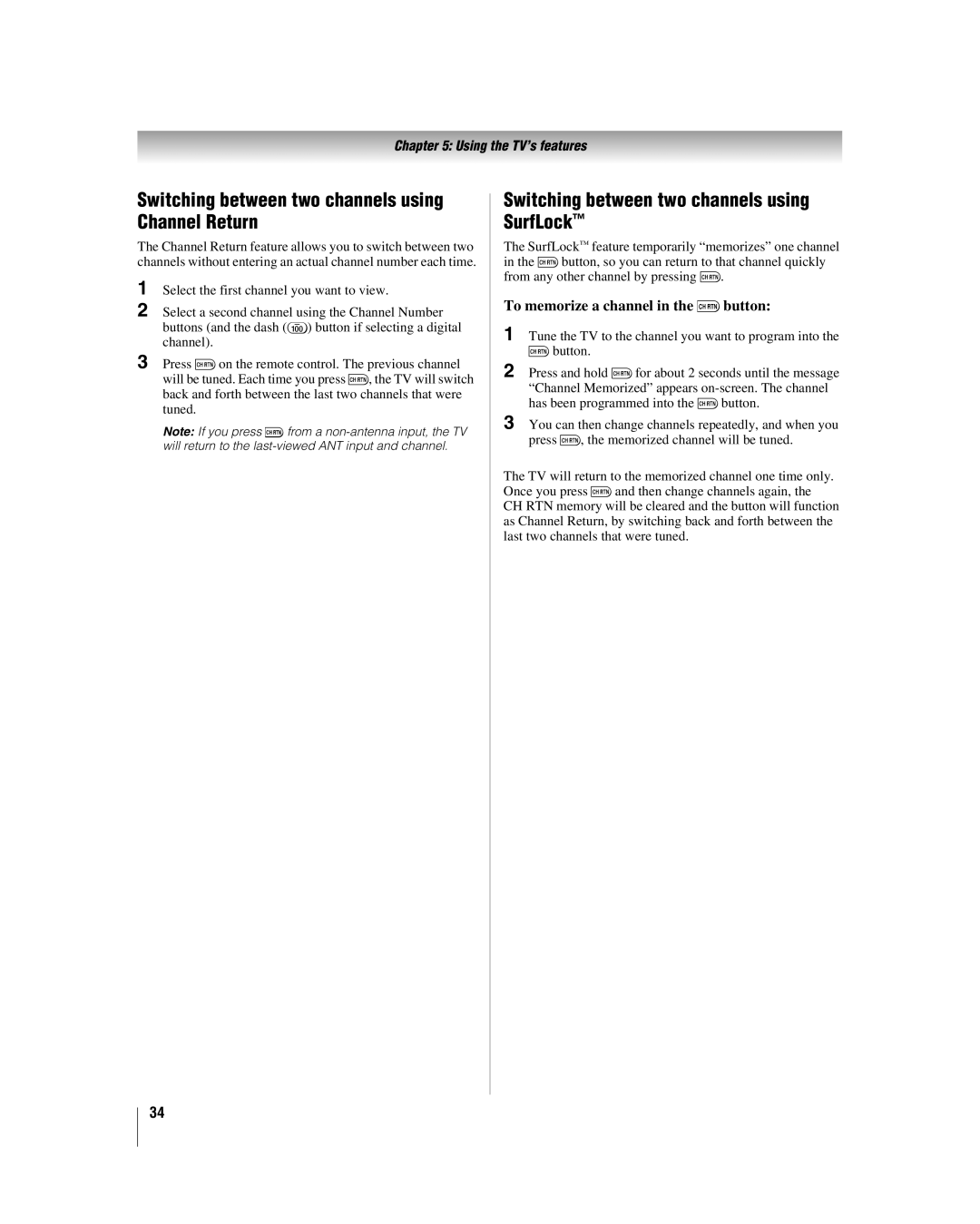 Toshiba 42LX196 manual Switching between two channels using Channel Return, Switching between two channels using SurfLock 