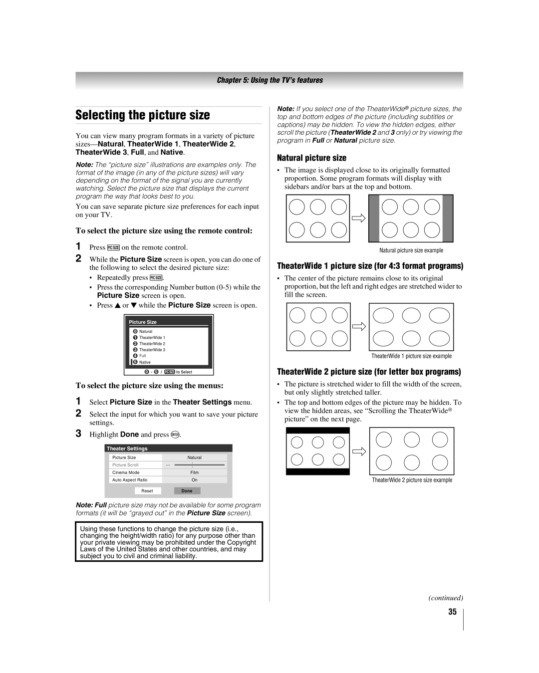 Toshiba 42LX196 manual Selecting the picture size, Natural picture size, TheaterWide 1 picture size for 43 format programs 