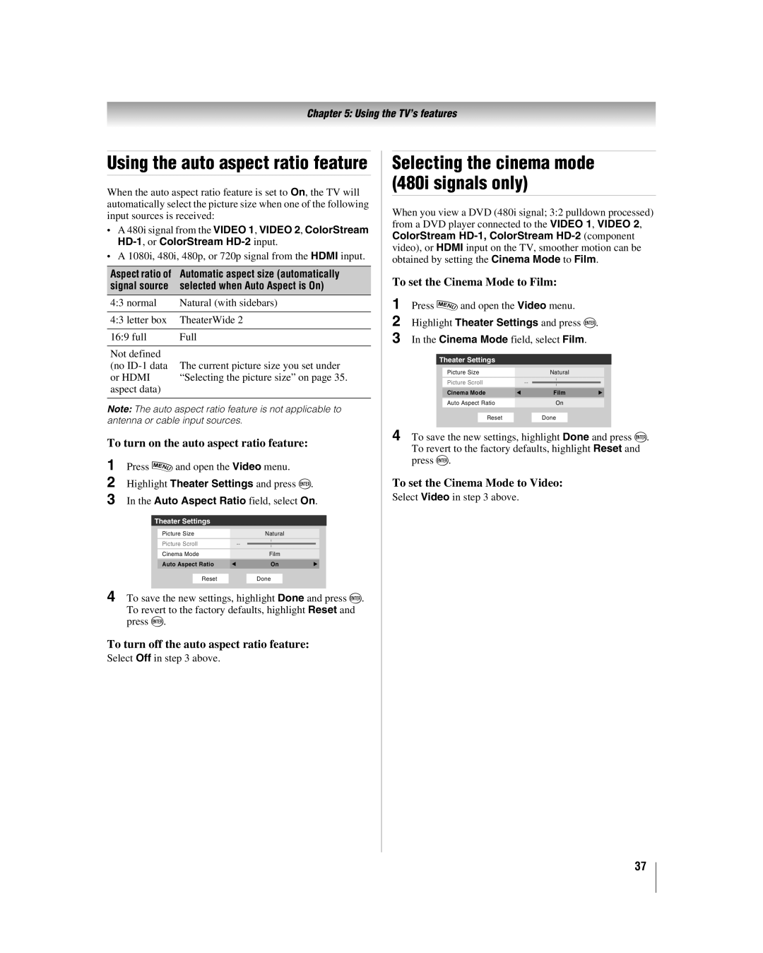 Toshiba 42LX196 manual To turn on the auto aspect ratio feature, To turn off the auto aspect ratio feature 