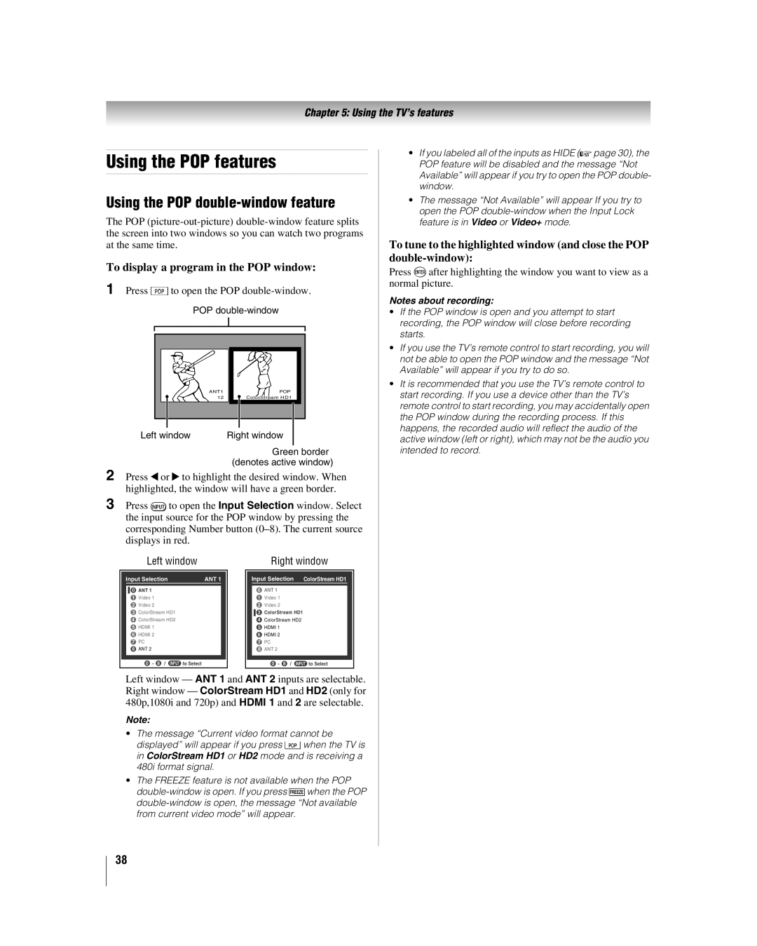 Toshiba 42LX196 manual Using the POP features, Using the POP double-window feature, To display a program in the POP window 