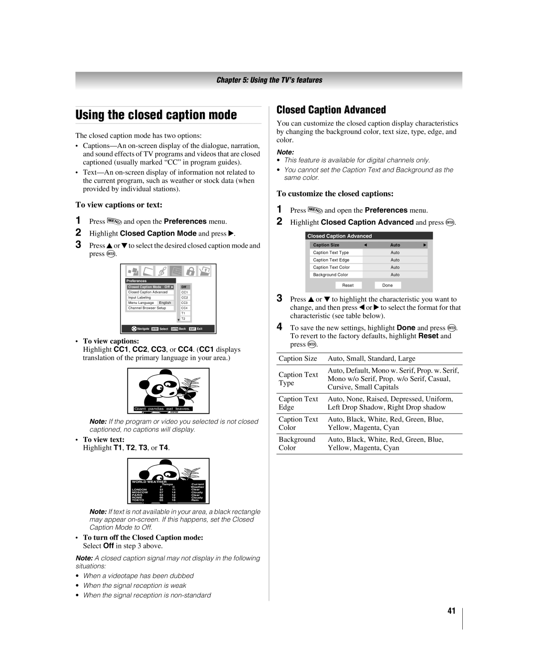 Toshiba 42LX196 manual Using the closed caption mode, Closed Caption Advanced, To view captions or text 