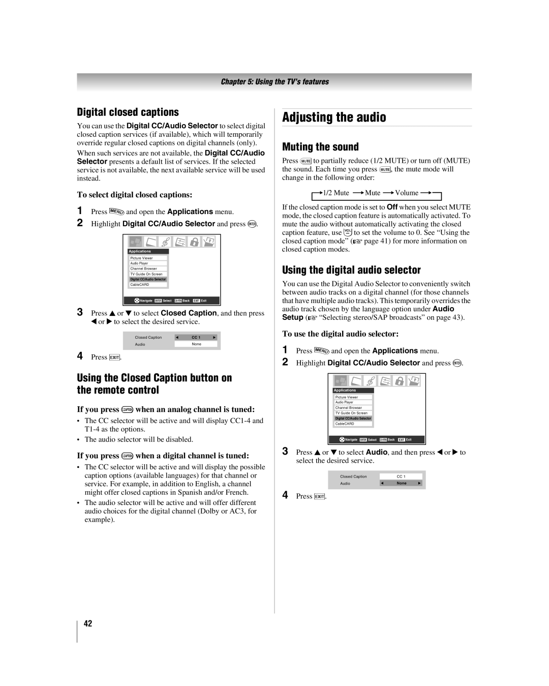 Toshiba 42LX196 manual Adjusting the audio, Digital closed captions, Using the Closed Caption button on the remote control 