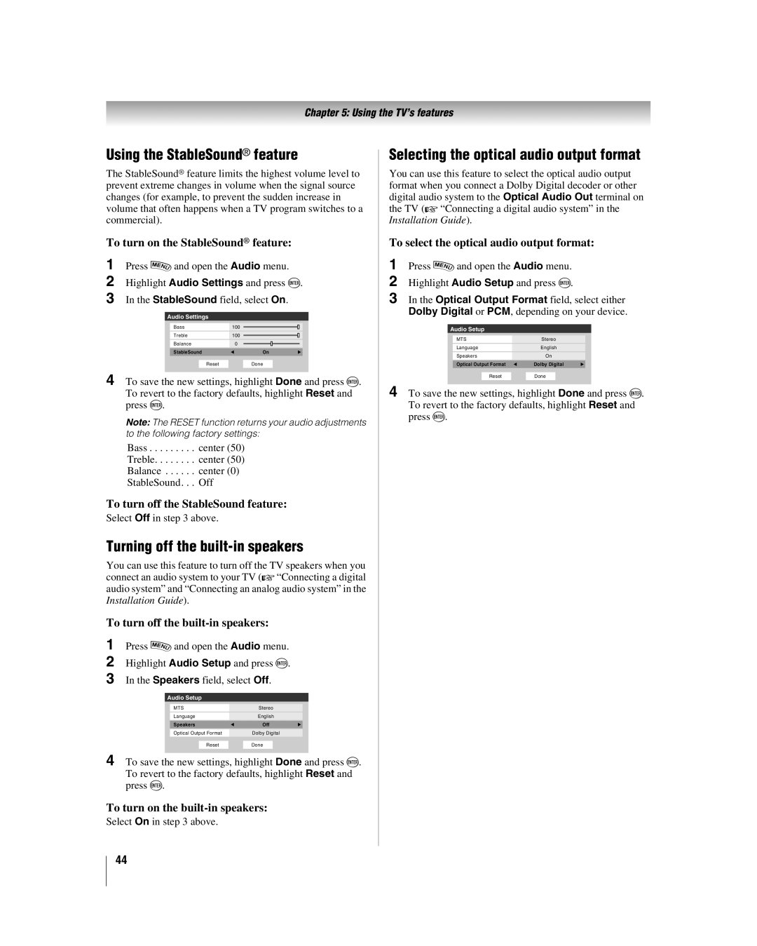 Toshiba 42LX196 manual Using the StableSound feature, Selecting the optical audio output format 