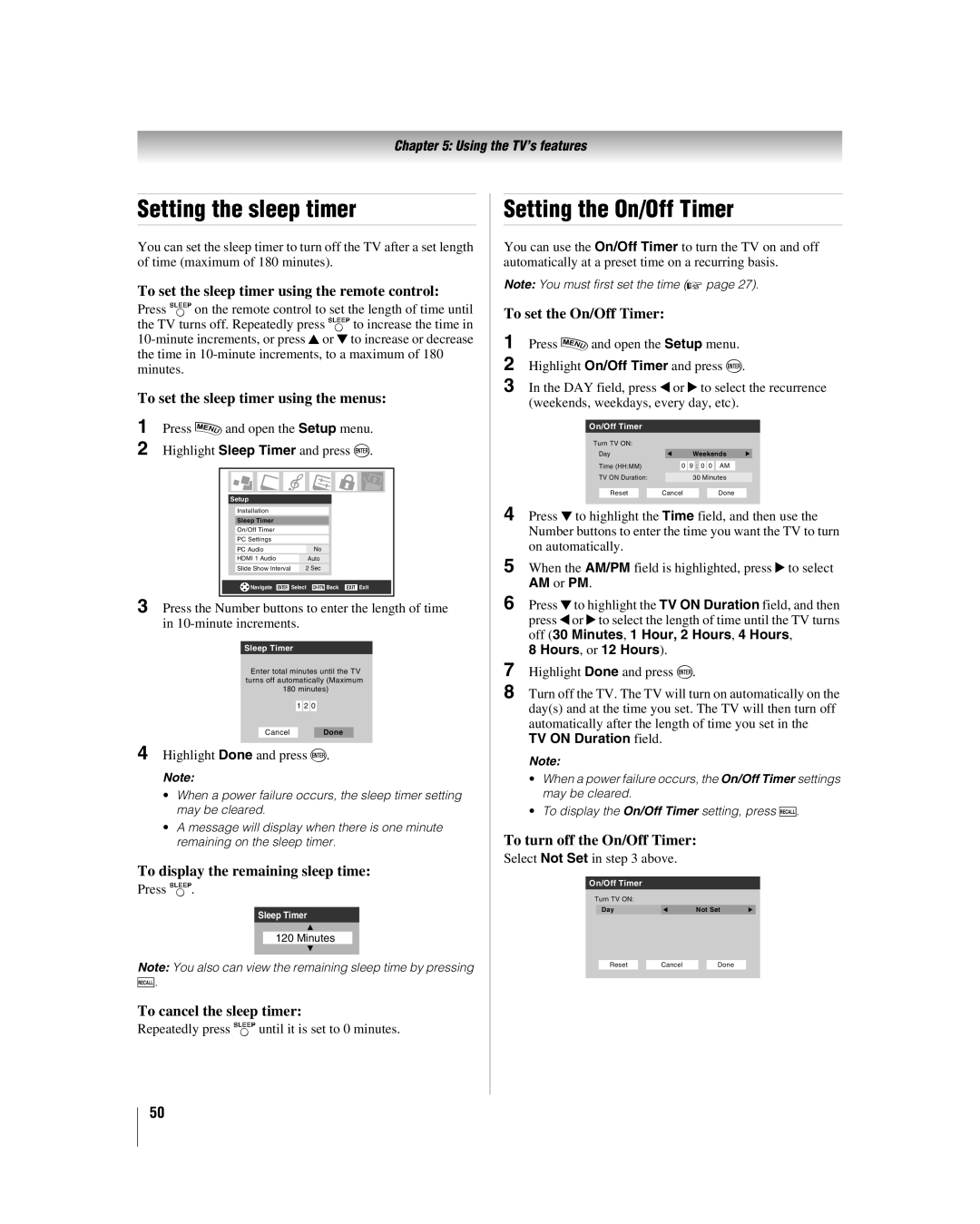 Toshiba 42LX196 manual Setting the sleep timer, Setting the On/Off Timer 