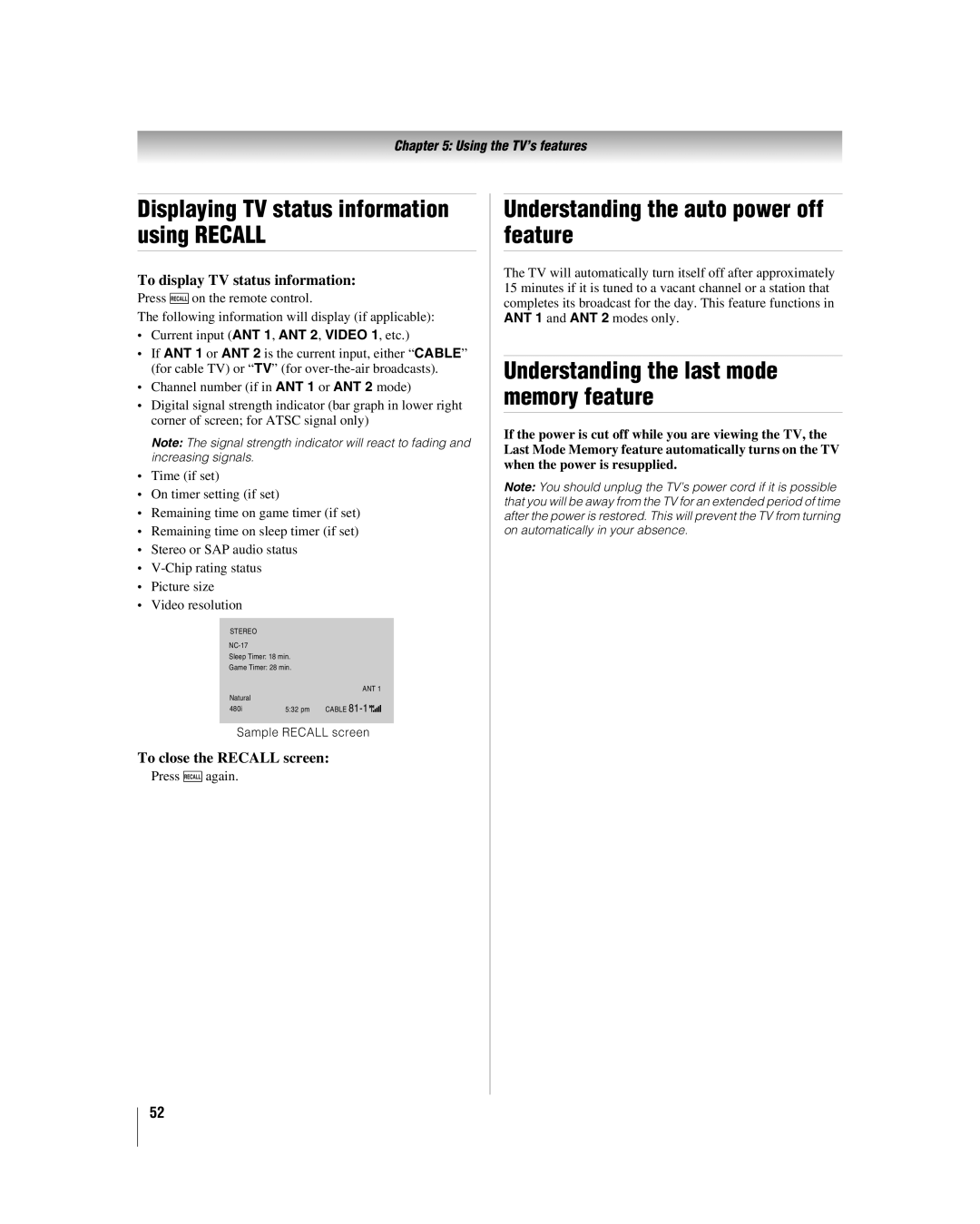 Toshiba 42LX196 manual Displaying TV status information using Recall, Understanding the auto power off feature 