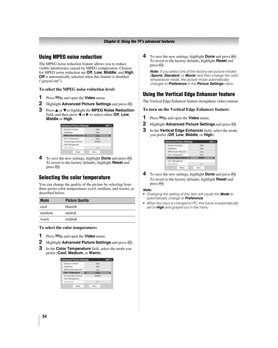 Toshiba 42LX196 Using Mpeg noise reduction, Selecting the color temperature, Using the Vertical Edge Enhancer feature 